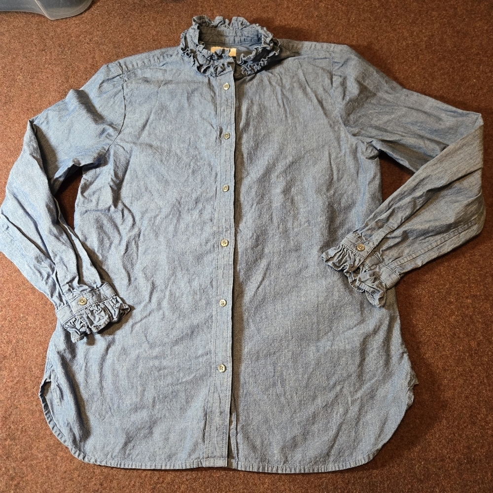 J.Crew Classic-fit Ruffleneck Chambray Button-up Shirt Women's Size Small